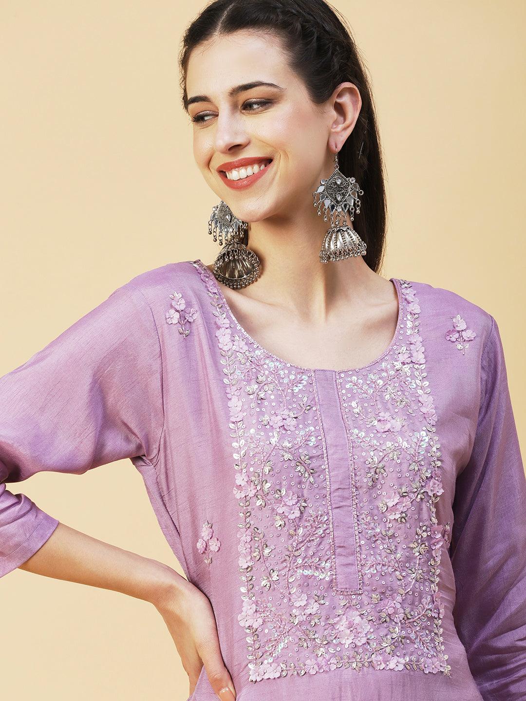 Solid Stylized Applique Embroidered Kurta With Pants & Dupatta - Purple - Indiakreations