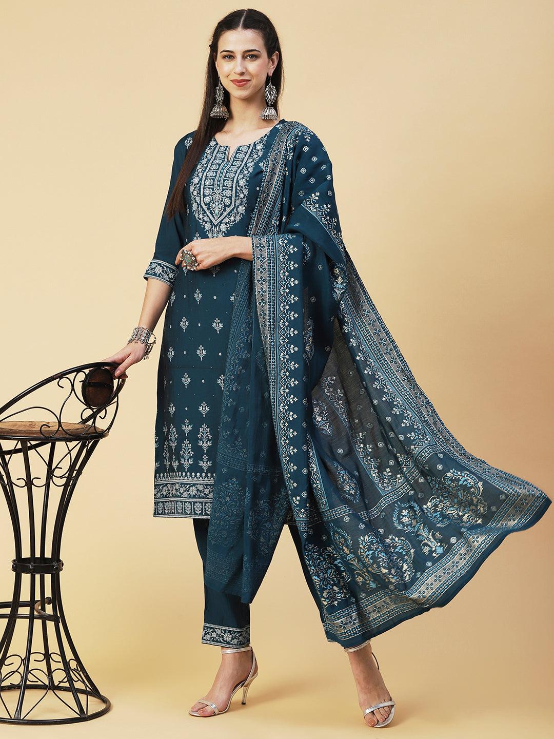 Ethnic Printed Resham Embroidered Kurta With Pants & Printed Dupatta - Teal - Indiakreations