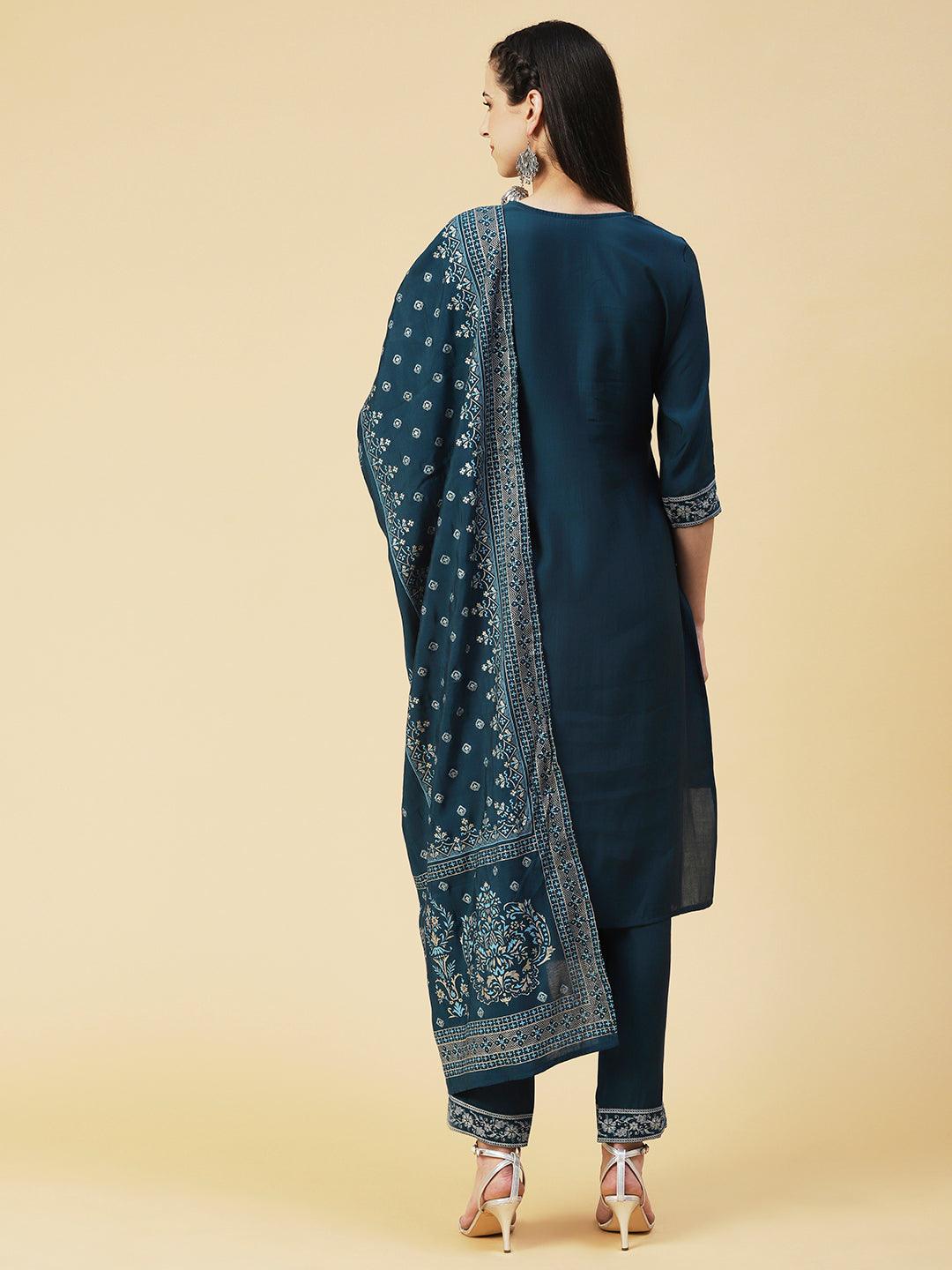 Ethnic Printed Resham Embroidered Kurta With Pants & Printed Dupatta - Teal - Indiakreations