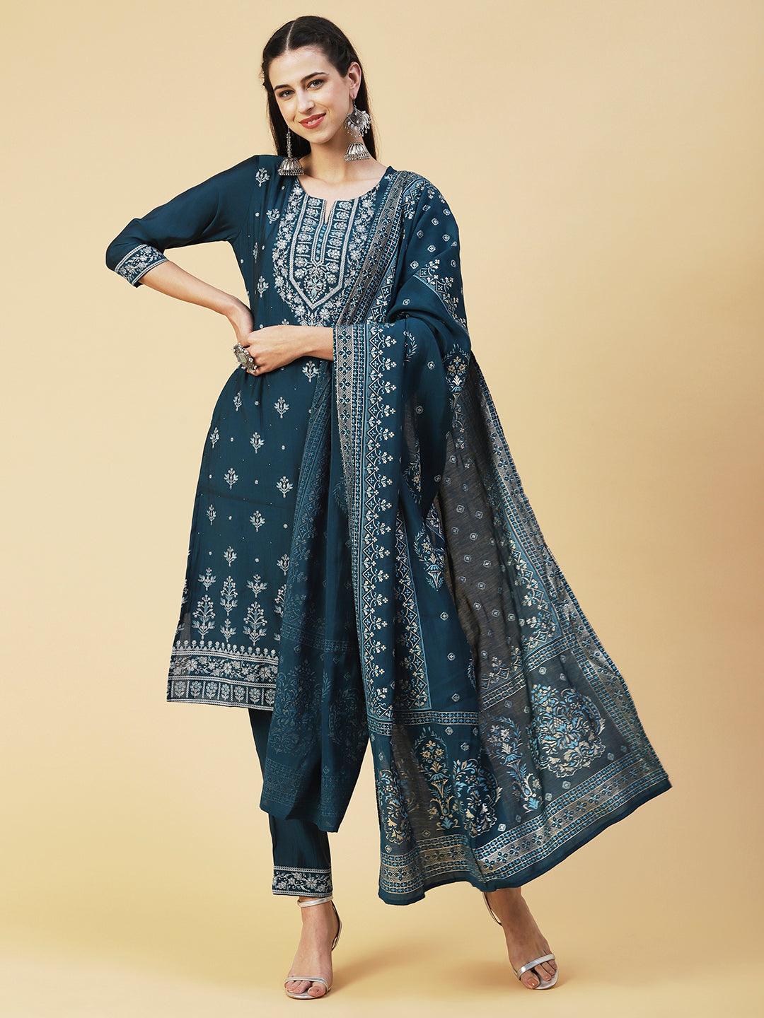 Ethnic Printed Resham Embroidered Kurta With Pants & Printed Dupatta - Teal - Indiakreations