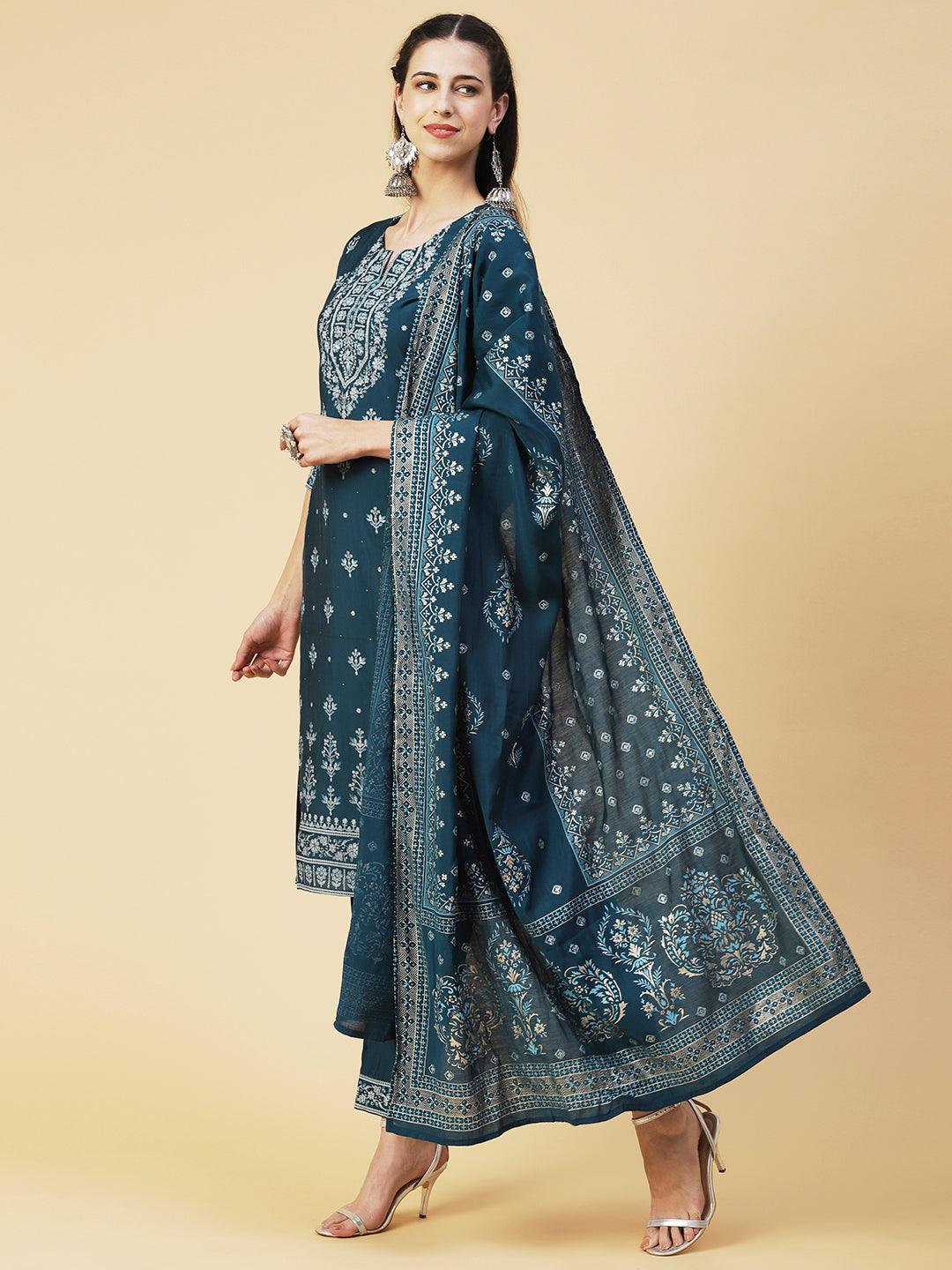 Ethnic Printed Resham Embroidered Kurta With Pants & Printed Dupatta - Teal - Indiakreations