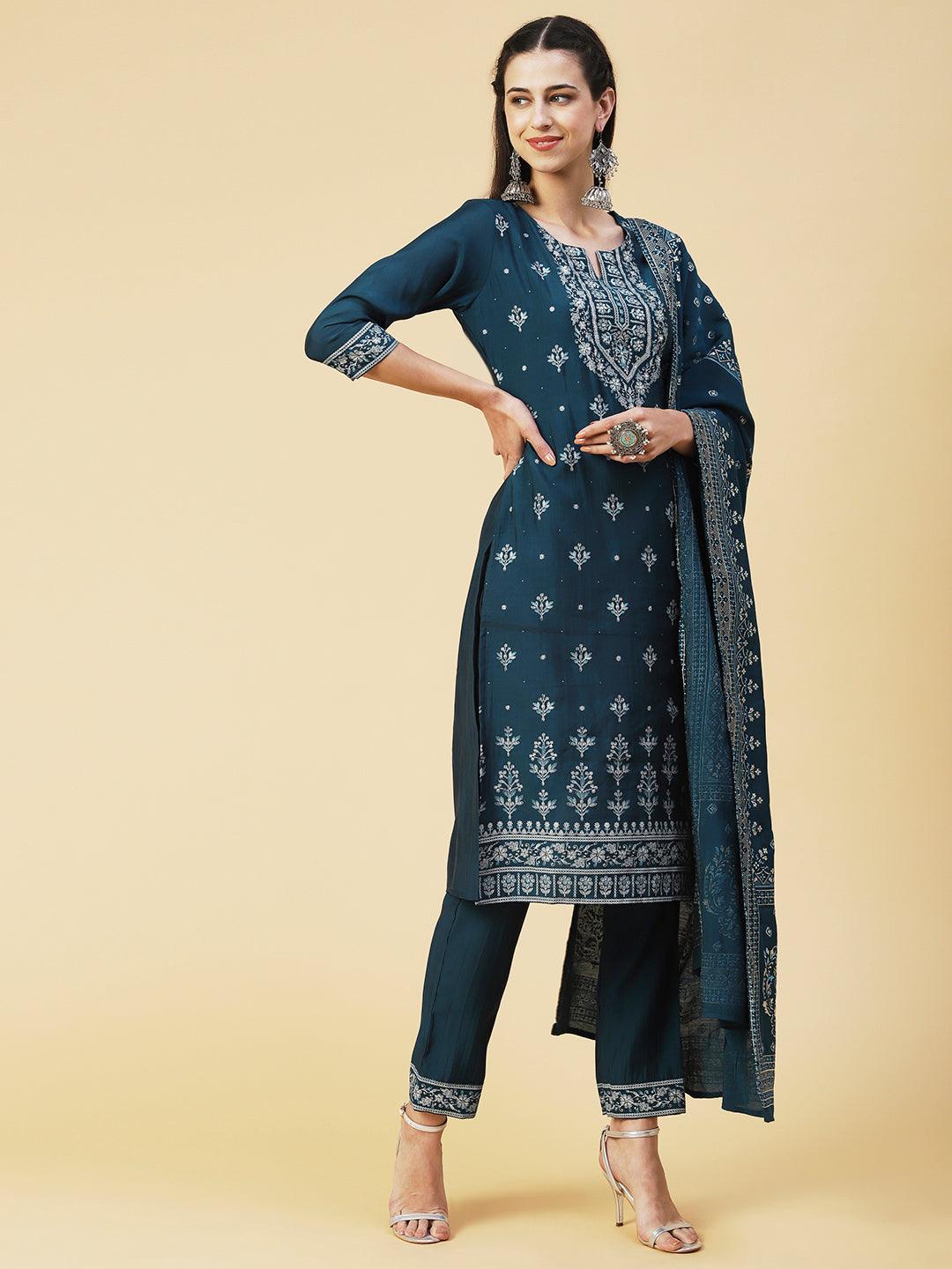 Ethnic Printed Resham Embroidered Kurta With Pants & Printed Dupatta - Teal - Indiakreations