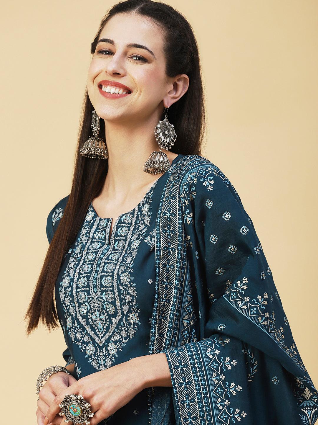 Ethnic Printed Resham Embroidered Kurta With Pants & Printed Dupatta - Teal - Indiakreations