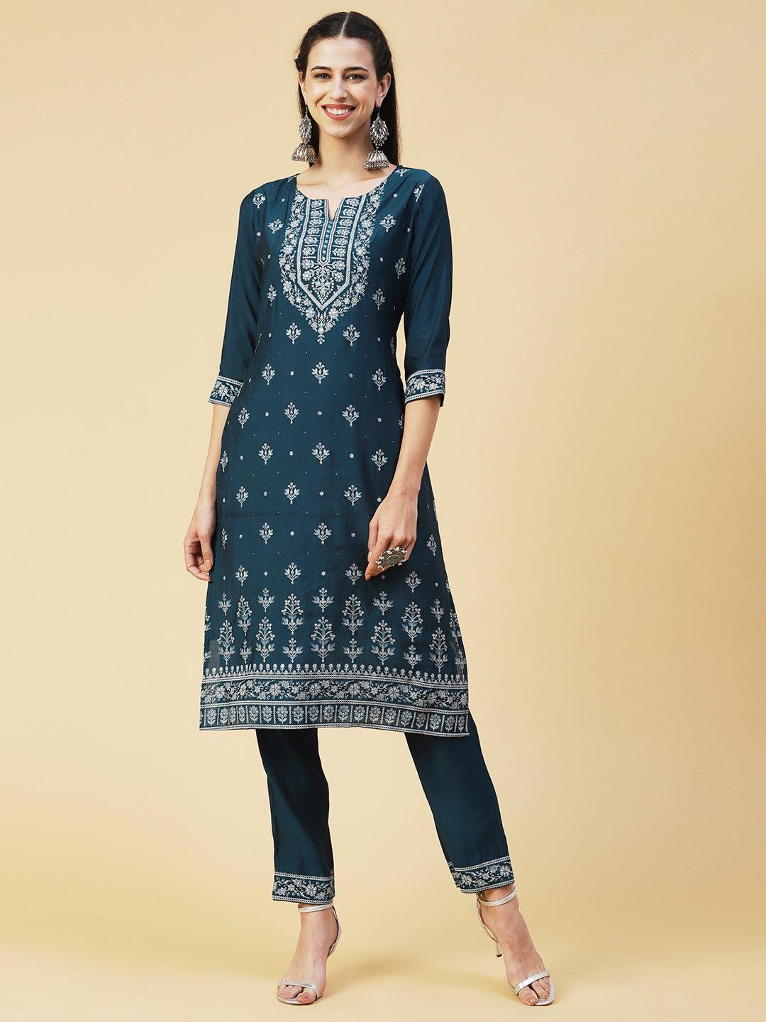 Ethnic Printed Resham Embroidered Kurta With Pants & Printed Dupatta - Teal - Indiakreations