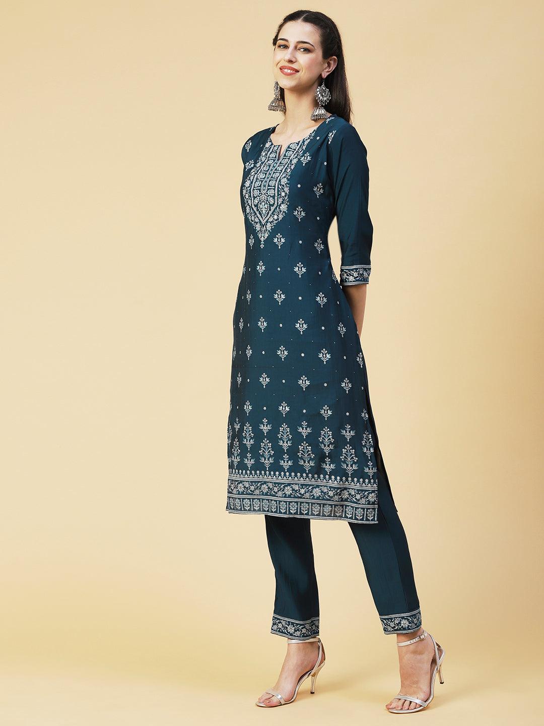 Ethnic Printed Resham Embroidered Kurta With Pants & Printed Dupatta - Teal - Indiakreations