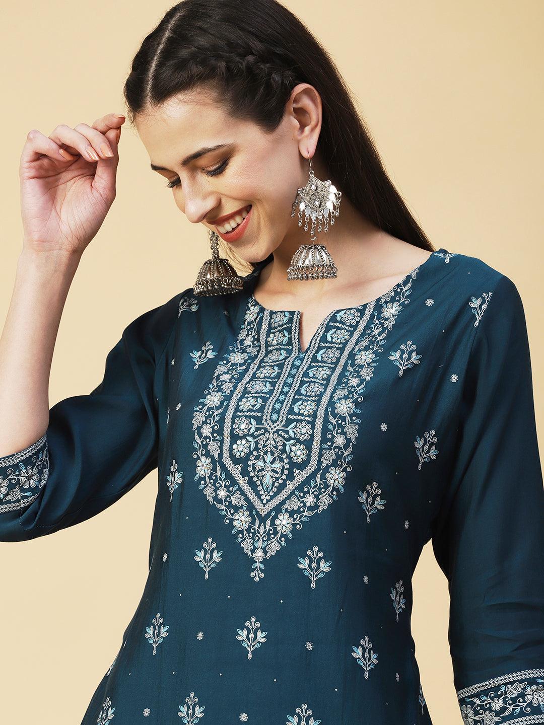 Ethnic Printed Resham Embroidered Kurta With Pants & Printed Dupatta - Teal - Indiakreations