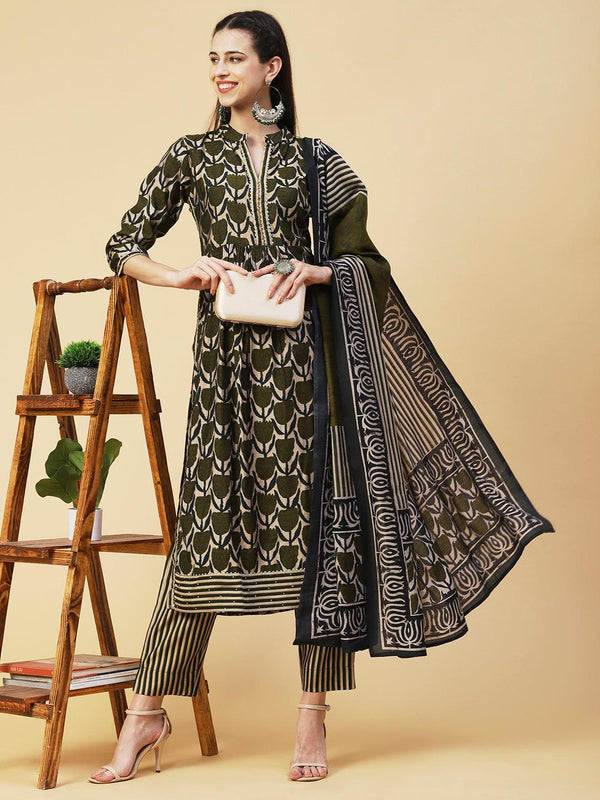 Floral Printed Beads Embroidered Kurta With Pants & Dupatta - Olive Green - Indiakreations