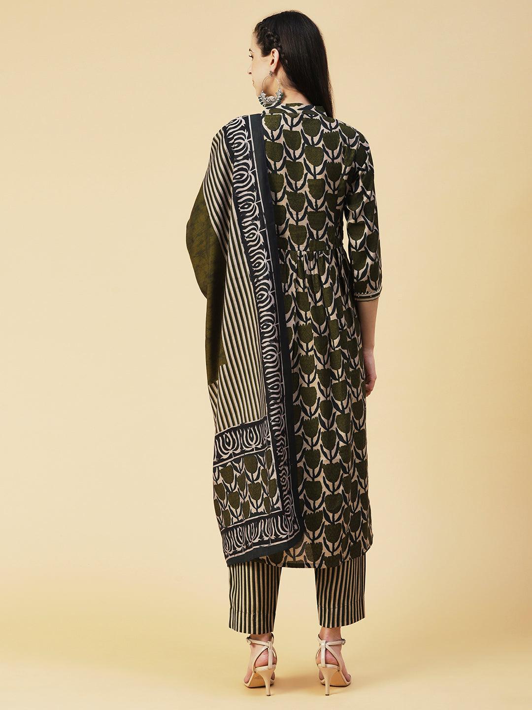 Floral Printed Beads Embroidered Kurta With Pants & Dupatta - Olive Green - Indiakreations