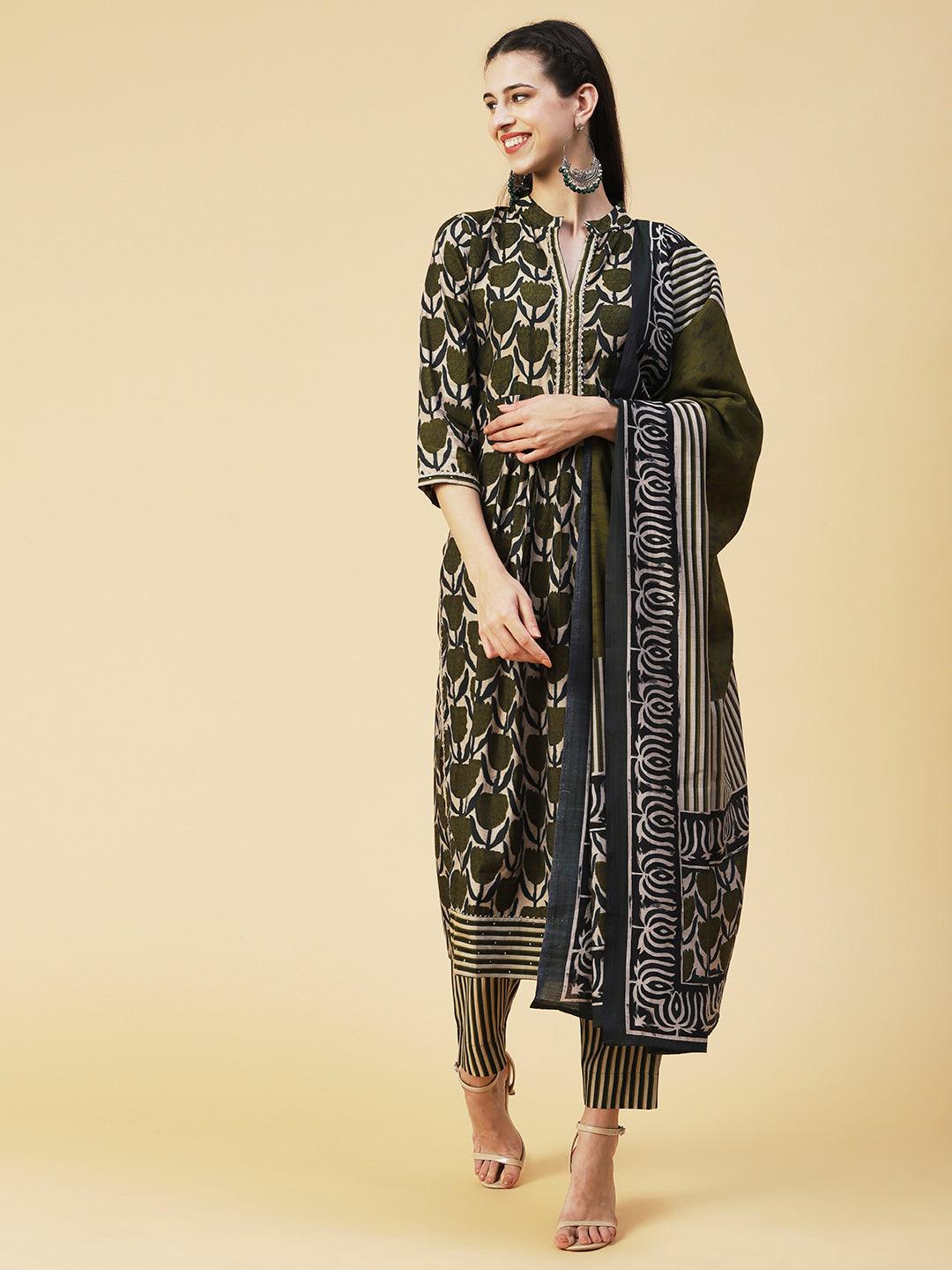 Floral Printed Beads Embroidered Kurta With Pants & Dupatta - Olive Green - Indiakreations