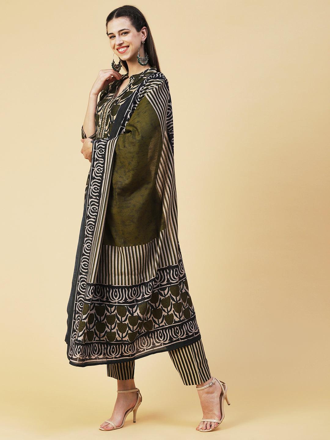 Floral Printed Beads Embroidered Kurta With Pants & Dupatta - Olive Green - Indiakreations