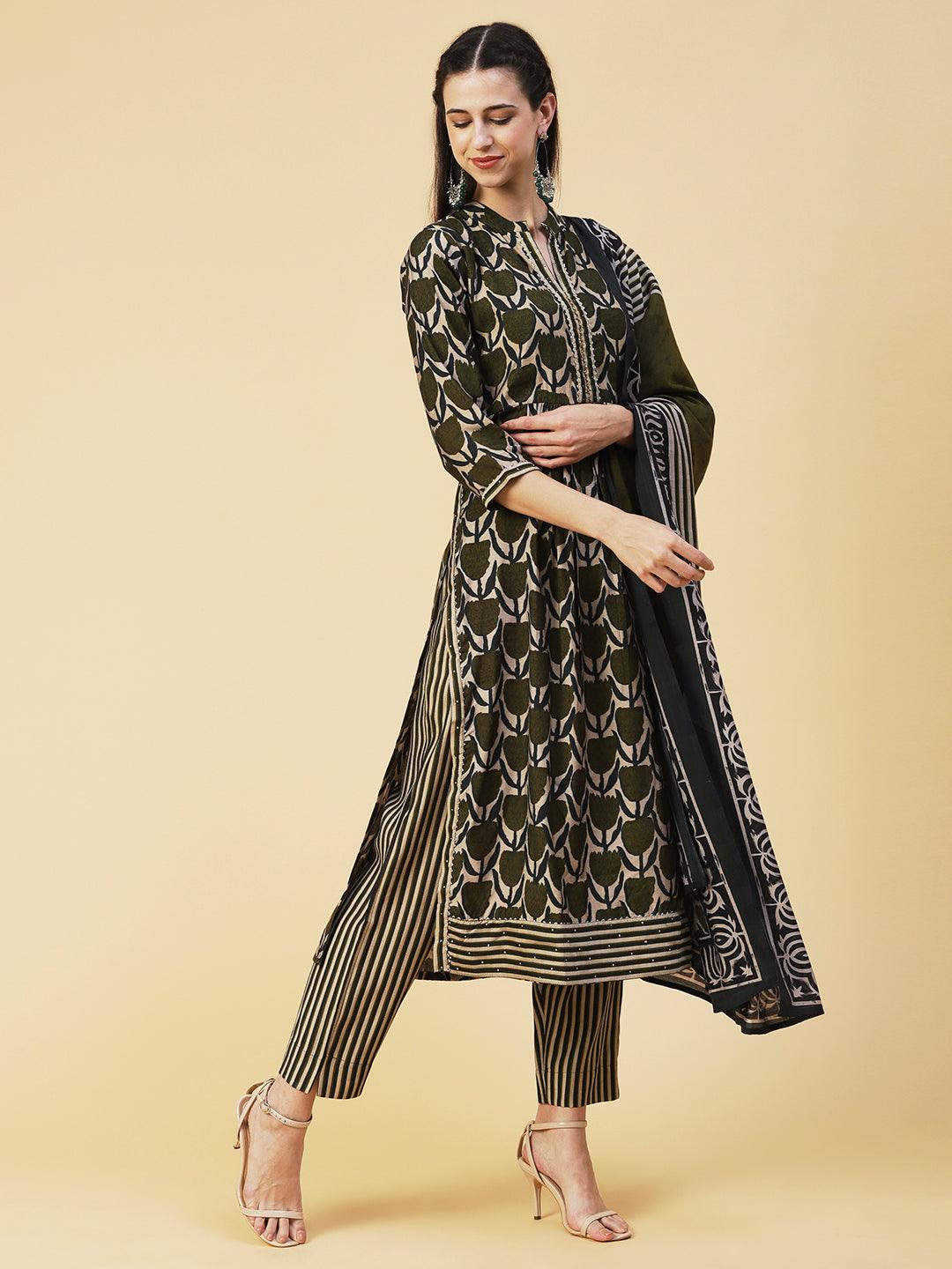 Floral Printed Beads Embroidered Kurta With Pants & Dupatta - Olive Green - Indiakreations