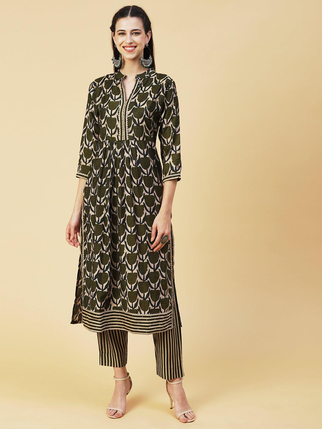 Floral Printed Beads Embroidered Kurta With Pants & Dupatta - Olive Green - Indiakreations