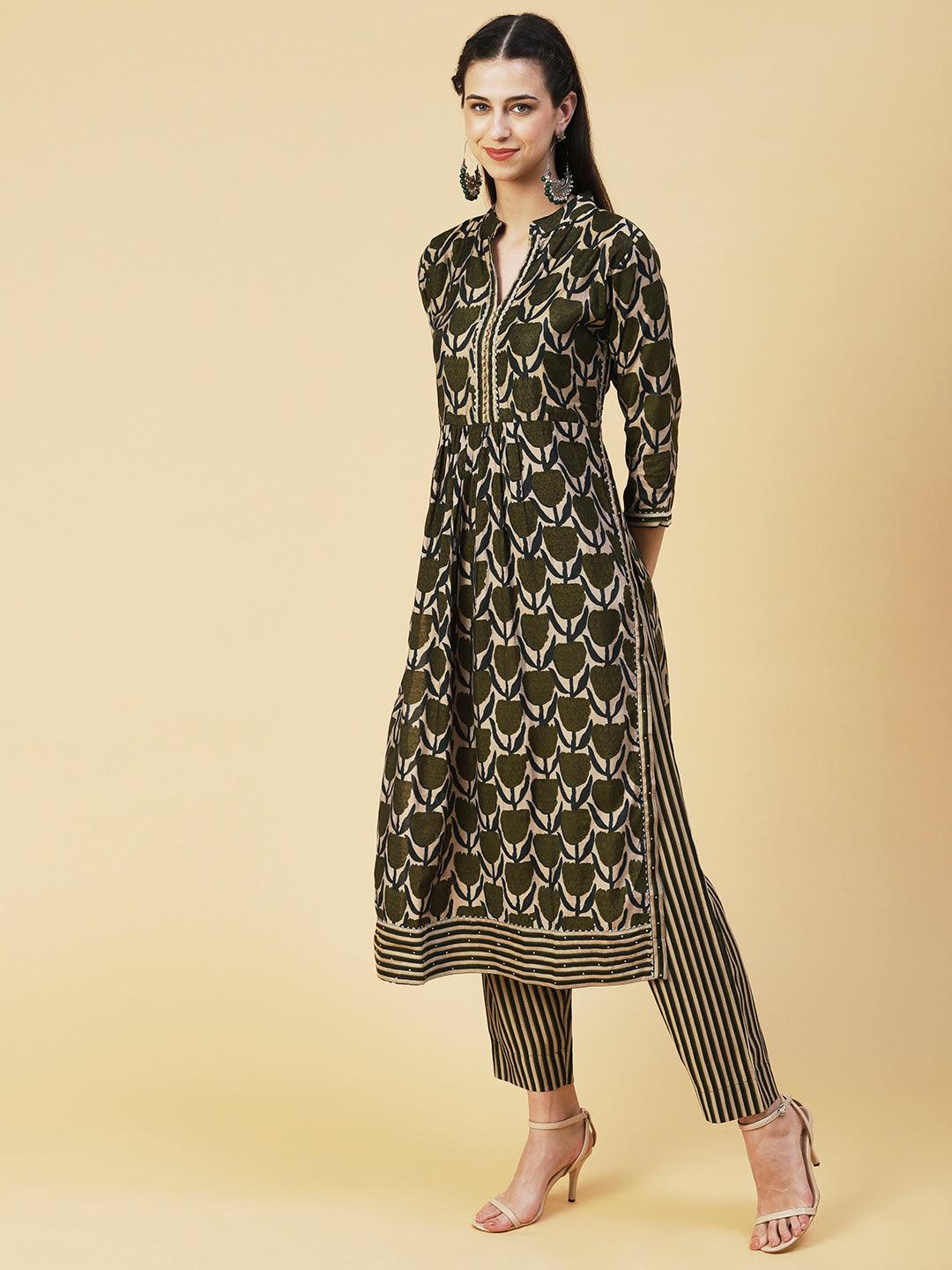 Floral Printed Beads Embroidered Kurta With Pants & Dupatta - Olive Green - Indiakreations