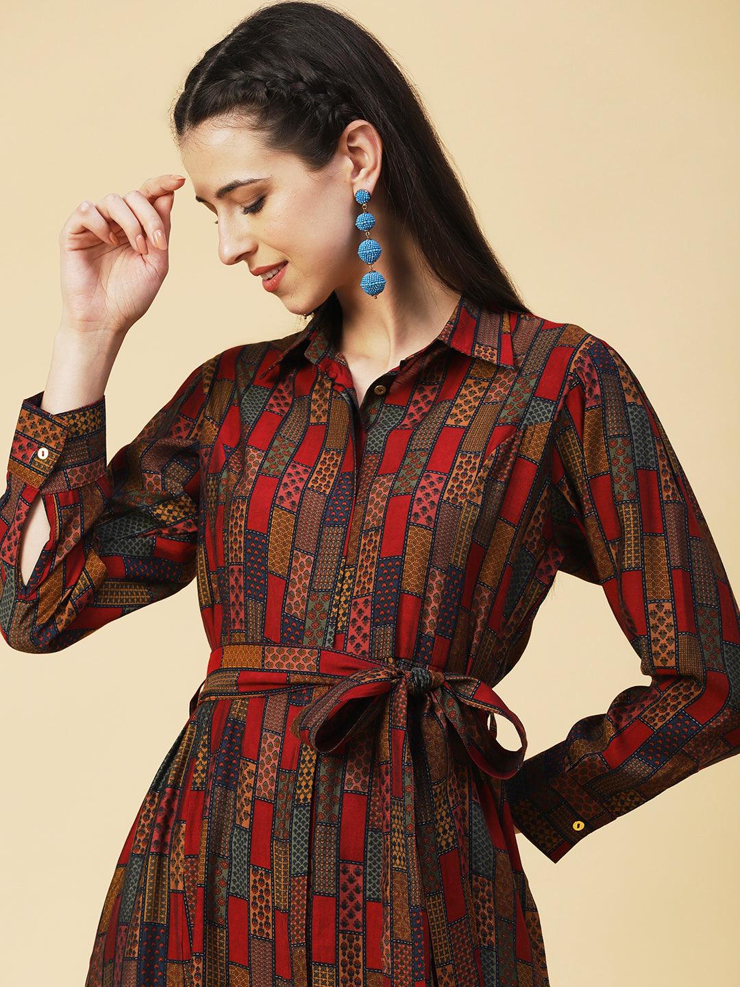 Ethnic Geometric Printed A-line Flared Midi Dress - Multi - Indiakreations