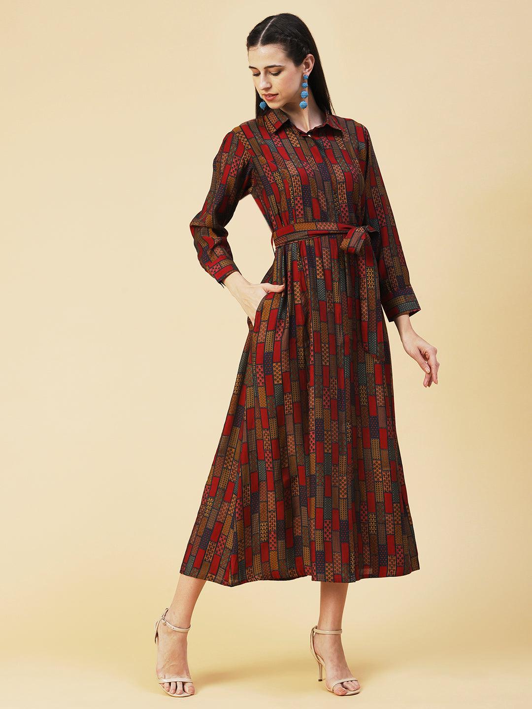 Ethnic Geometric Printed A-line Flared Midi Dress - Multi - Indiakreations