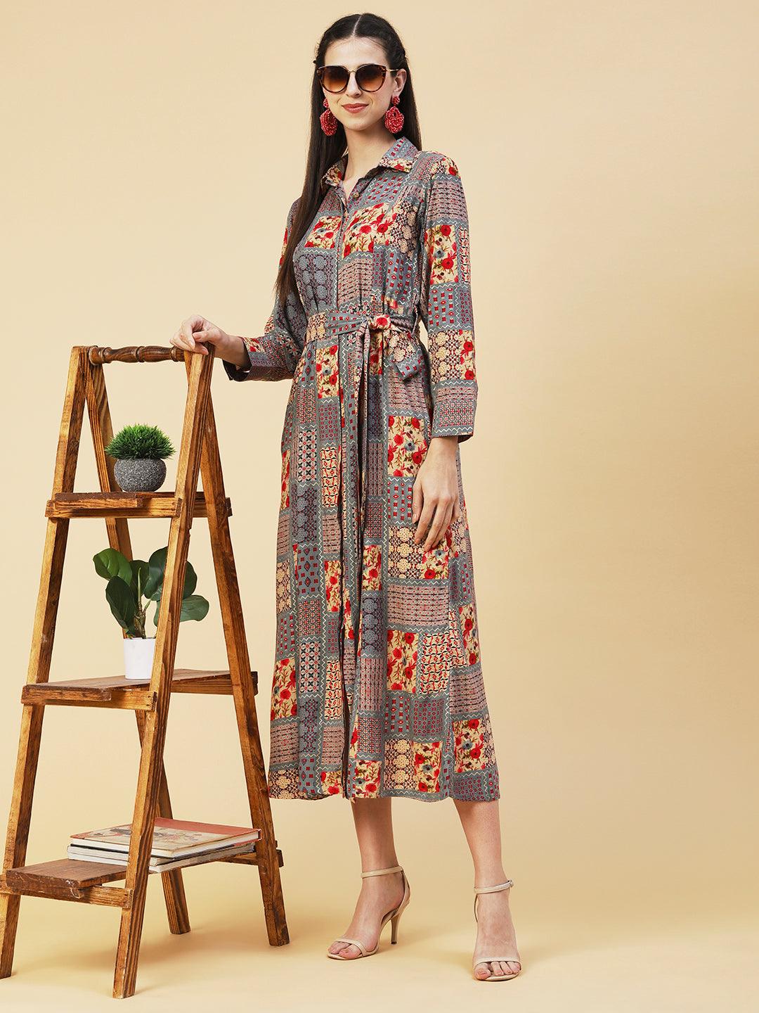 Geometric Floral Printed A-line Flared Midi Dress - Multi - Indiakreations