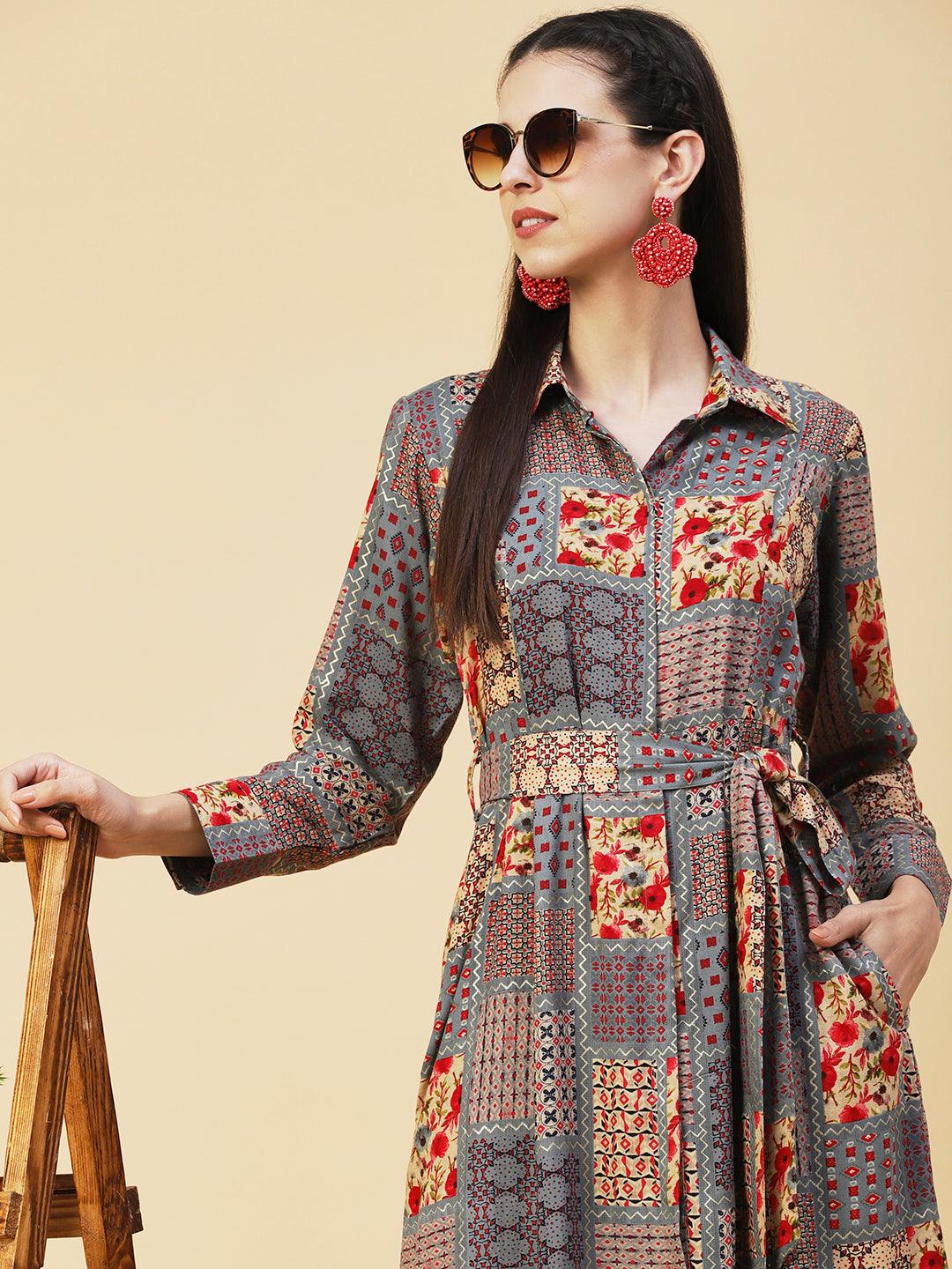 Geometric Floral Printed A-line Flared Midi Dress - Multi - Indiakreations