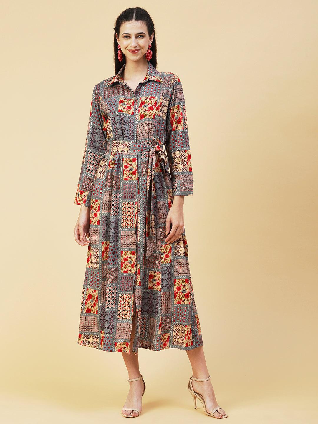 Geometric Floral Printed A-line Flared Midi Dress - Multi - Indiakreations