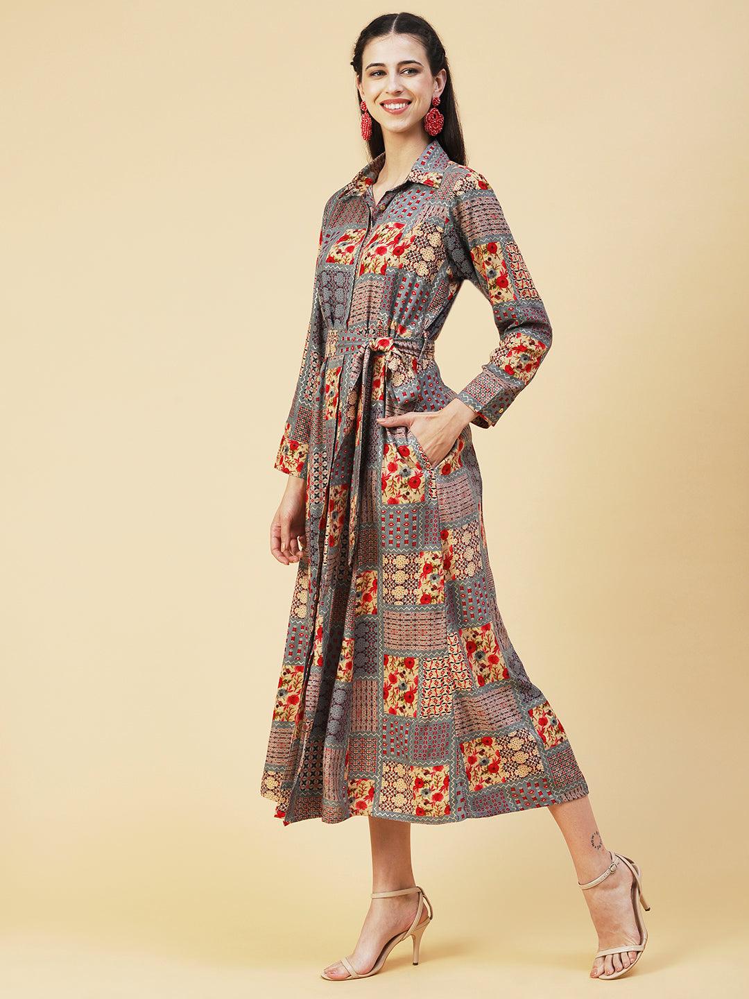 Geometric Floral Printed A-line Flared Midi Dress - Multi - Indiakreations