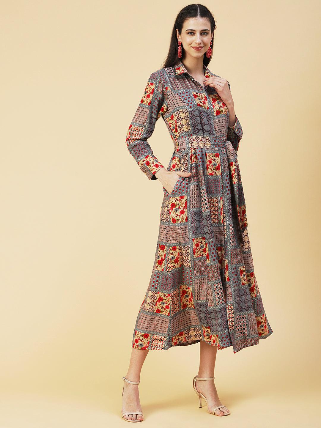 Geometric Floral Printed A-line Flared Midi Dress - Multi - Indiakreations