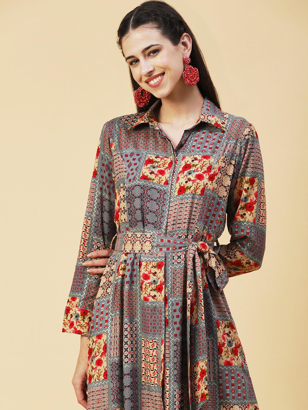 Geometric Floral Printed A-line Flared Midi Dress - Multi - Indiakreations