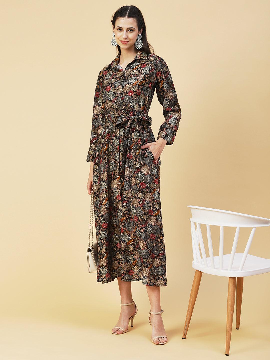 Floral Printed A-line Flared Midi Dress - Multi - Indiakreations