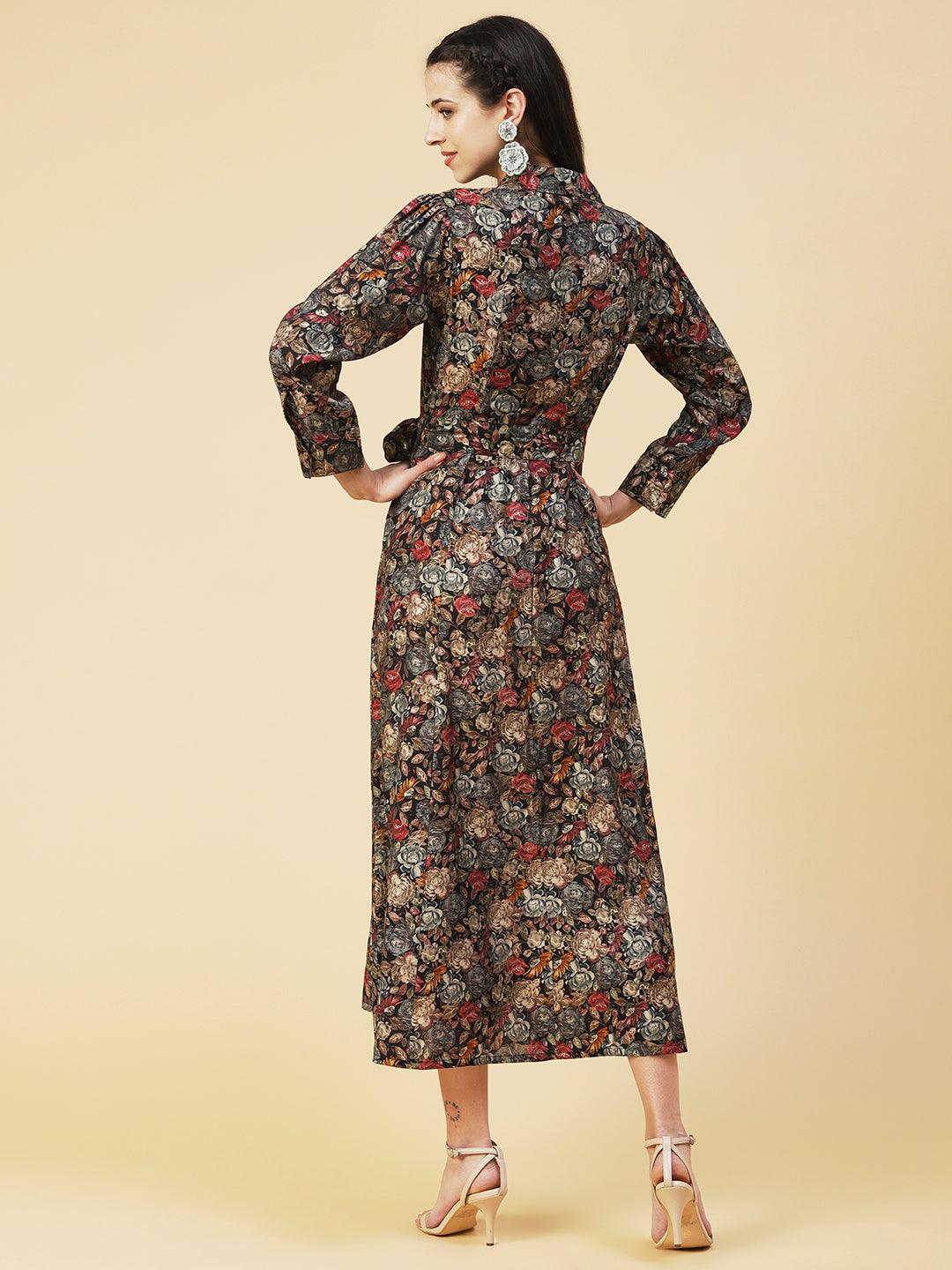 Floral Printed A-line Flared Midi Dress - Multi - Indiakreations