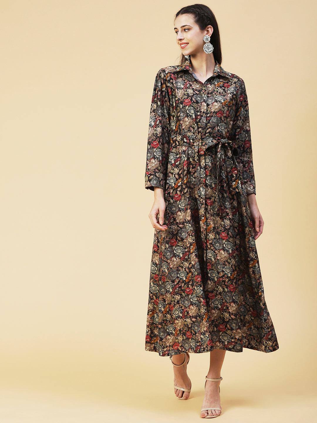 Floral Printed A-line Flared Midi Dress - Multi - Indiakreations