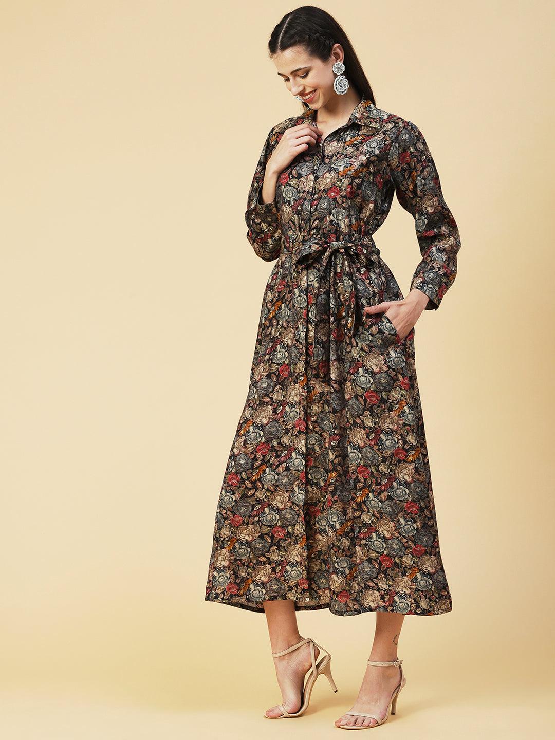 Floral Printed A-line Flared Midi Dress - Multi - Indiakreations