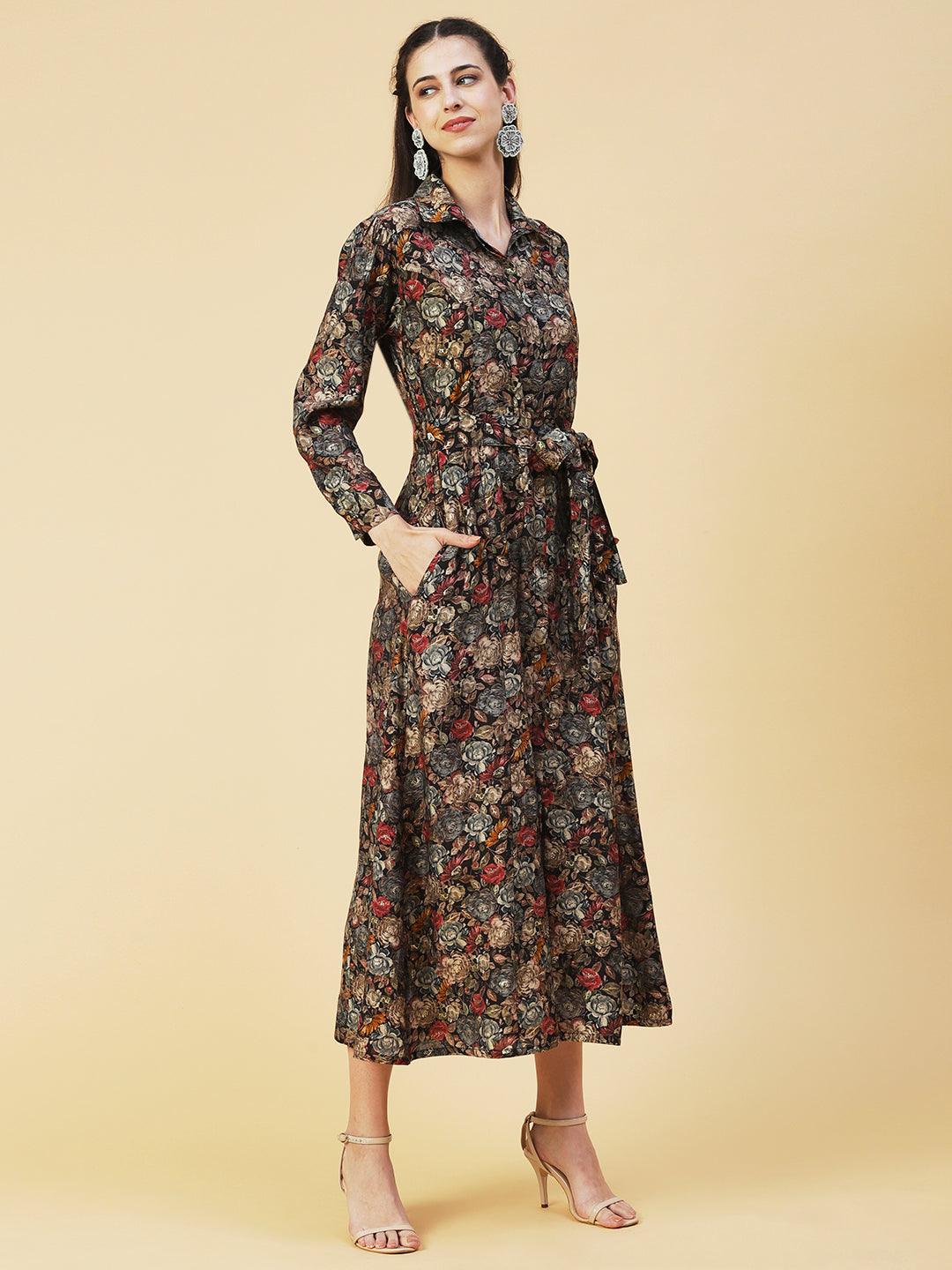 Floral Printed A-line Flared Midi Dress - Multi - Indiakreations