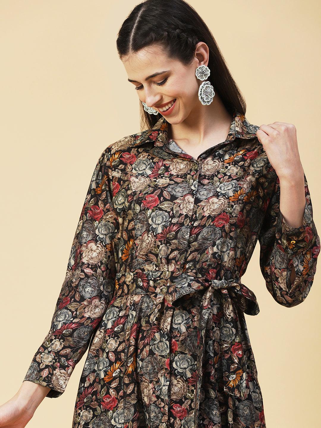 Floral Printed A-line Flared Midi Dress - Multi - Indiakreations