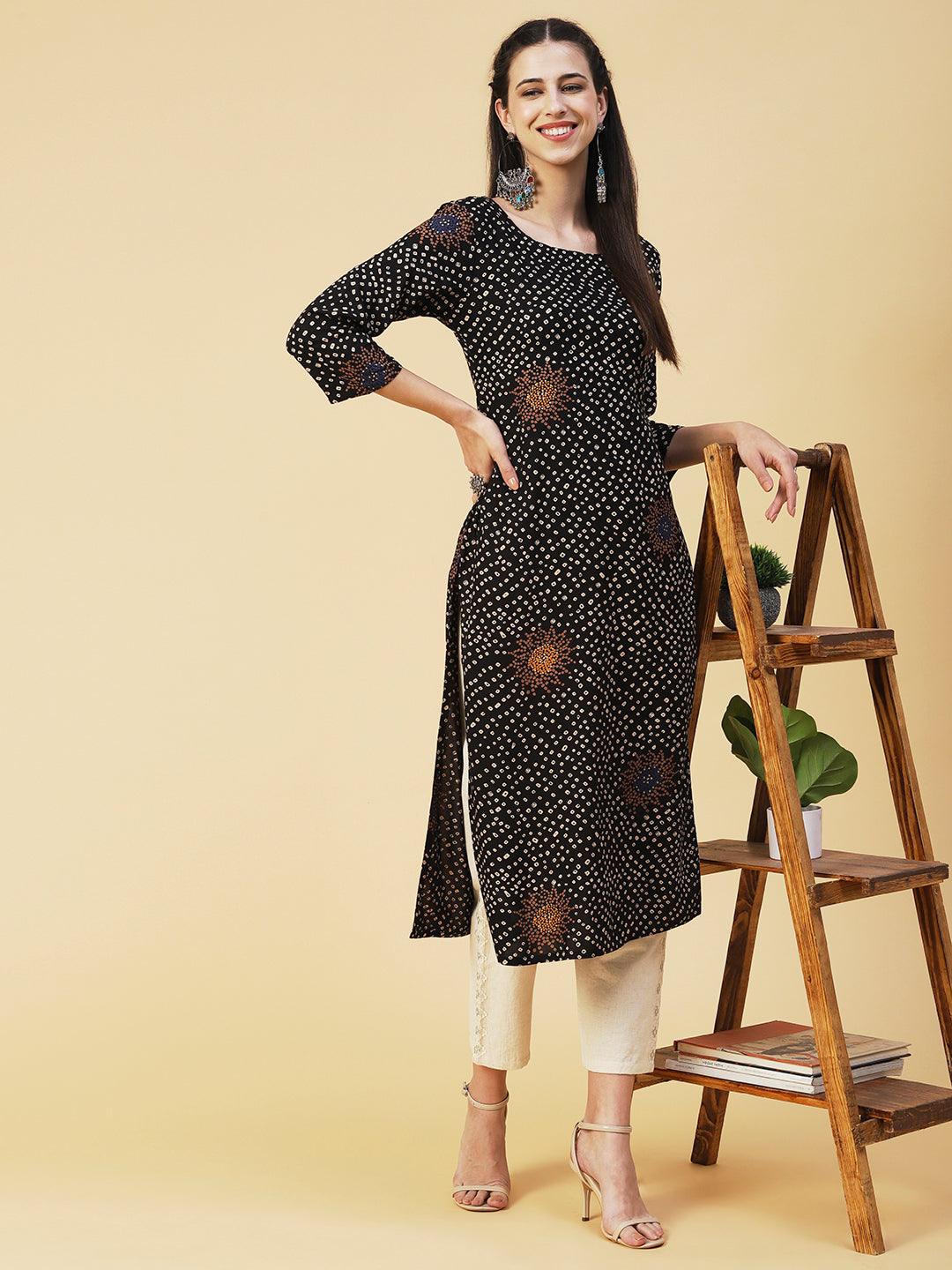 Bandhani Printed Straight Fit Kurta - Black - Indiakreations