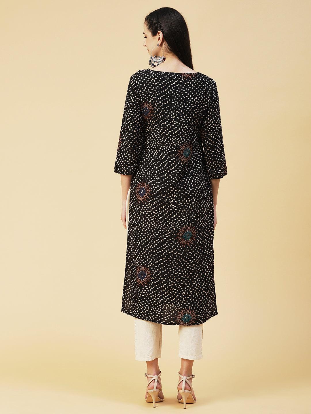 Bandhani Printed Straight Fit Kurta - Black - Indiakreations