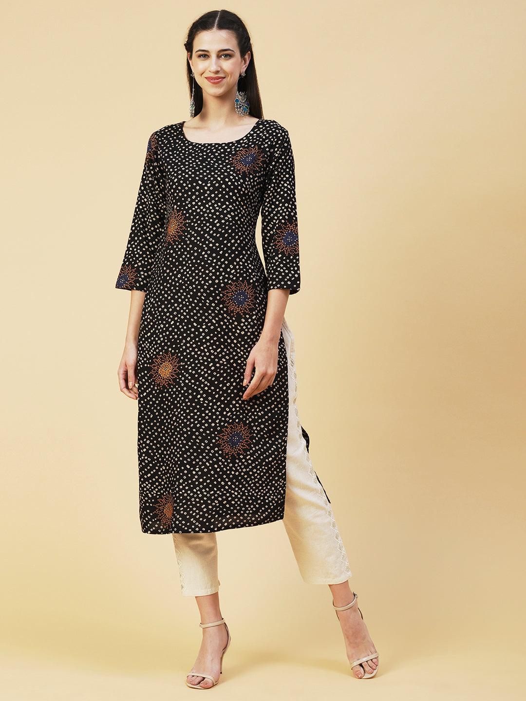 Bandhani Printed Straight Fit Kurta - Black - Indiakreations