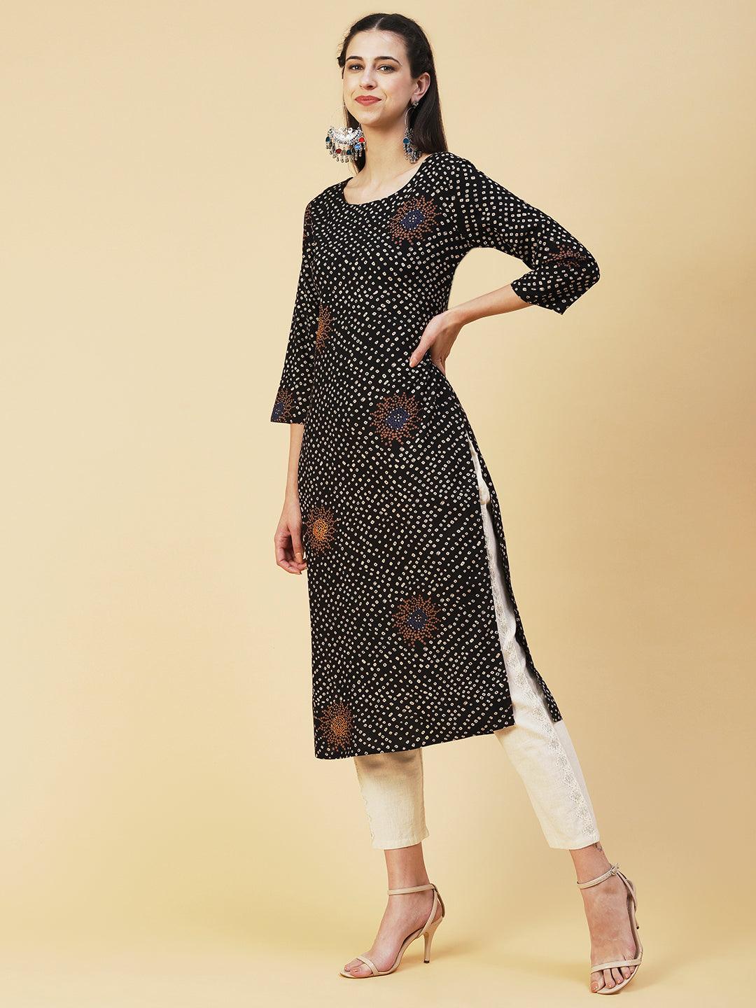 Bandhani Printed Straight Fit Kurta - Black - Indiakreations