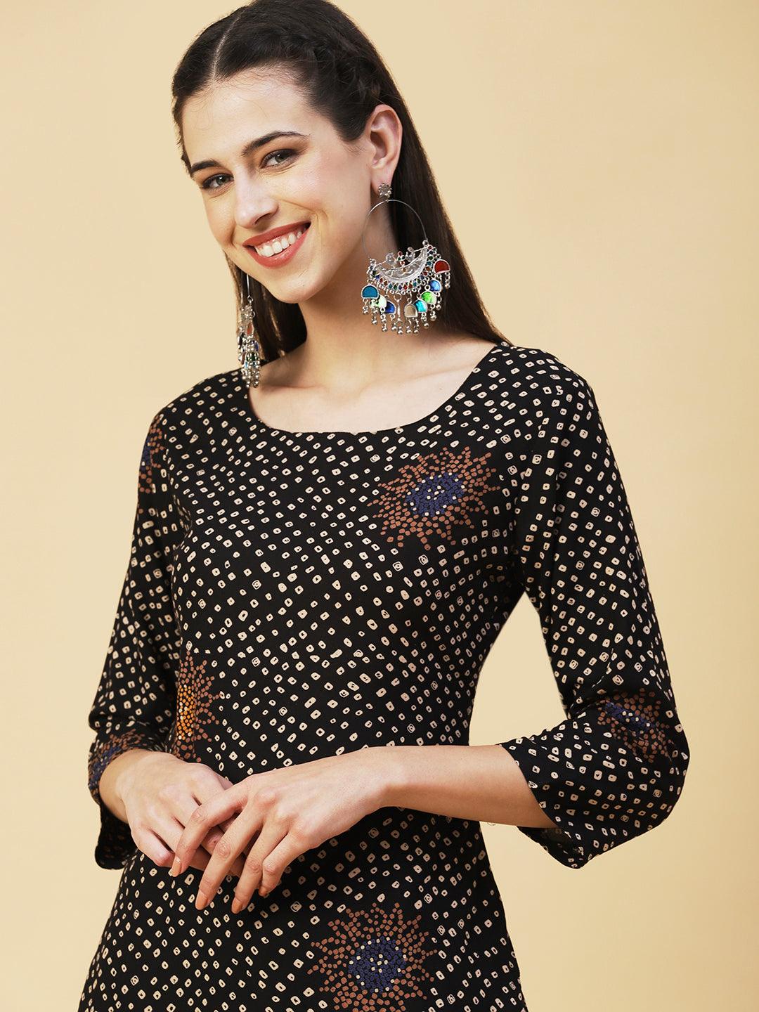 Bandhani Printed Straight Fit Kurta - Black - Indiakreations