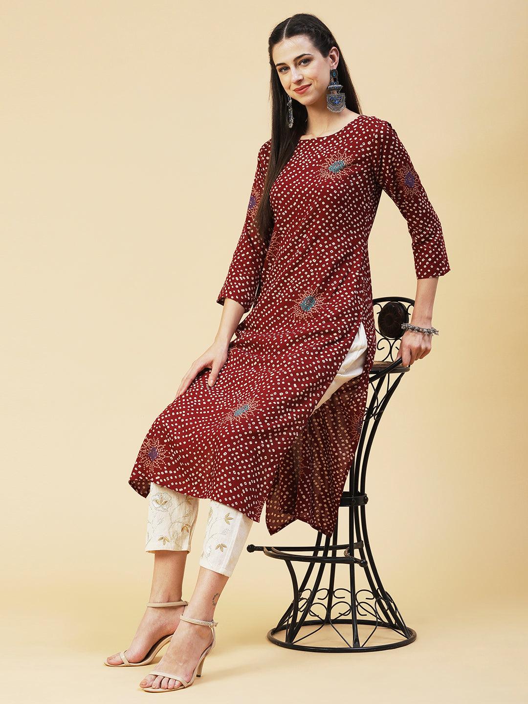 Bandhani Printed Straight Fit Kurta - Brown - Indiakreations