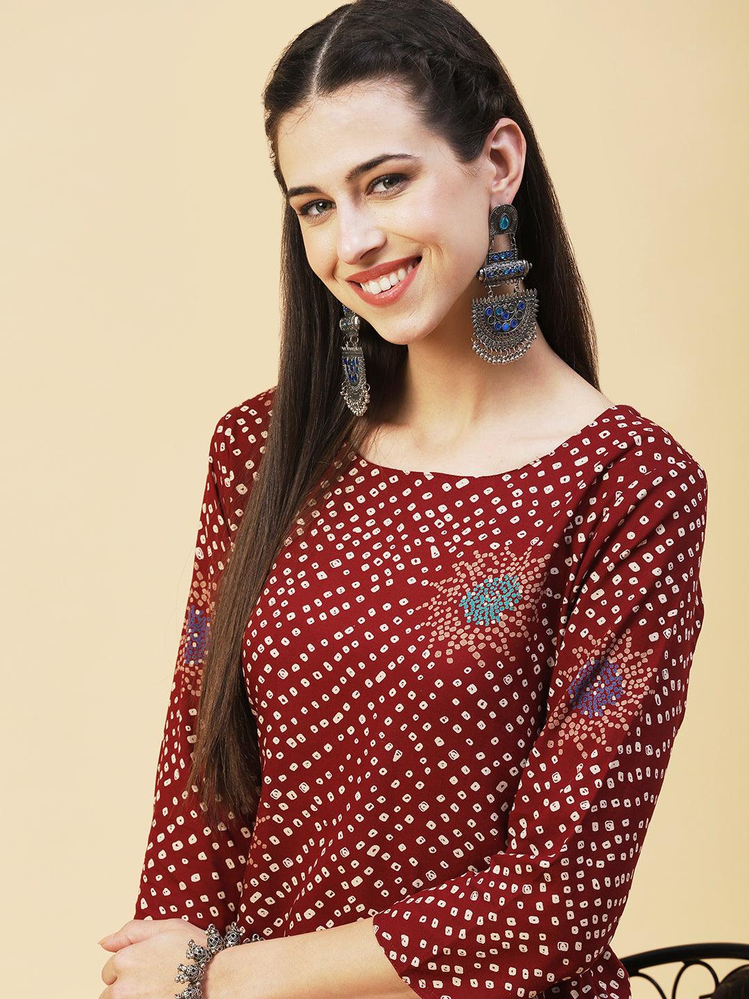 Bandhani Printed Straight Fit Kurta - Brown - Indiakreations