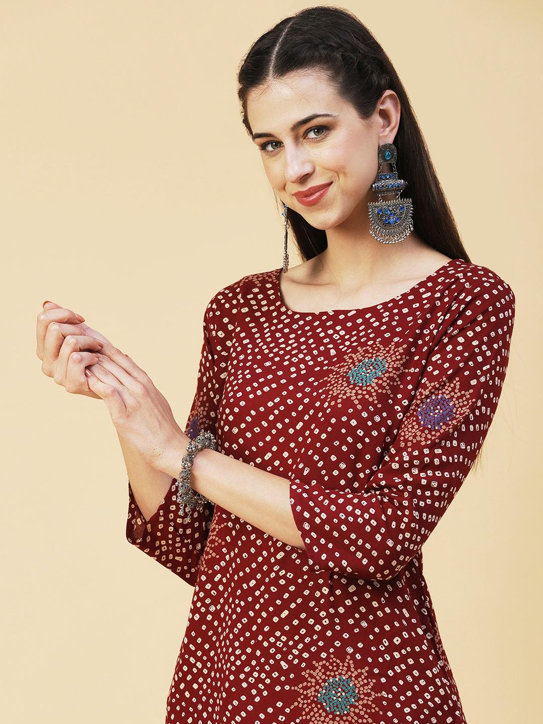 Bandhani Printed Straight Fit Kurta - Brown - Indiakreations