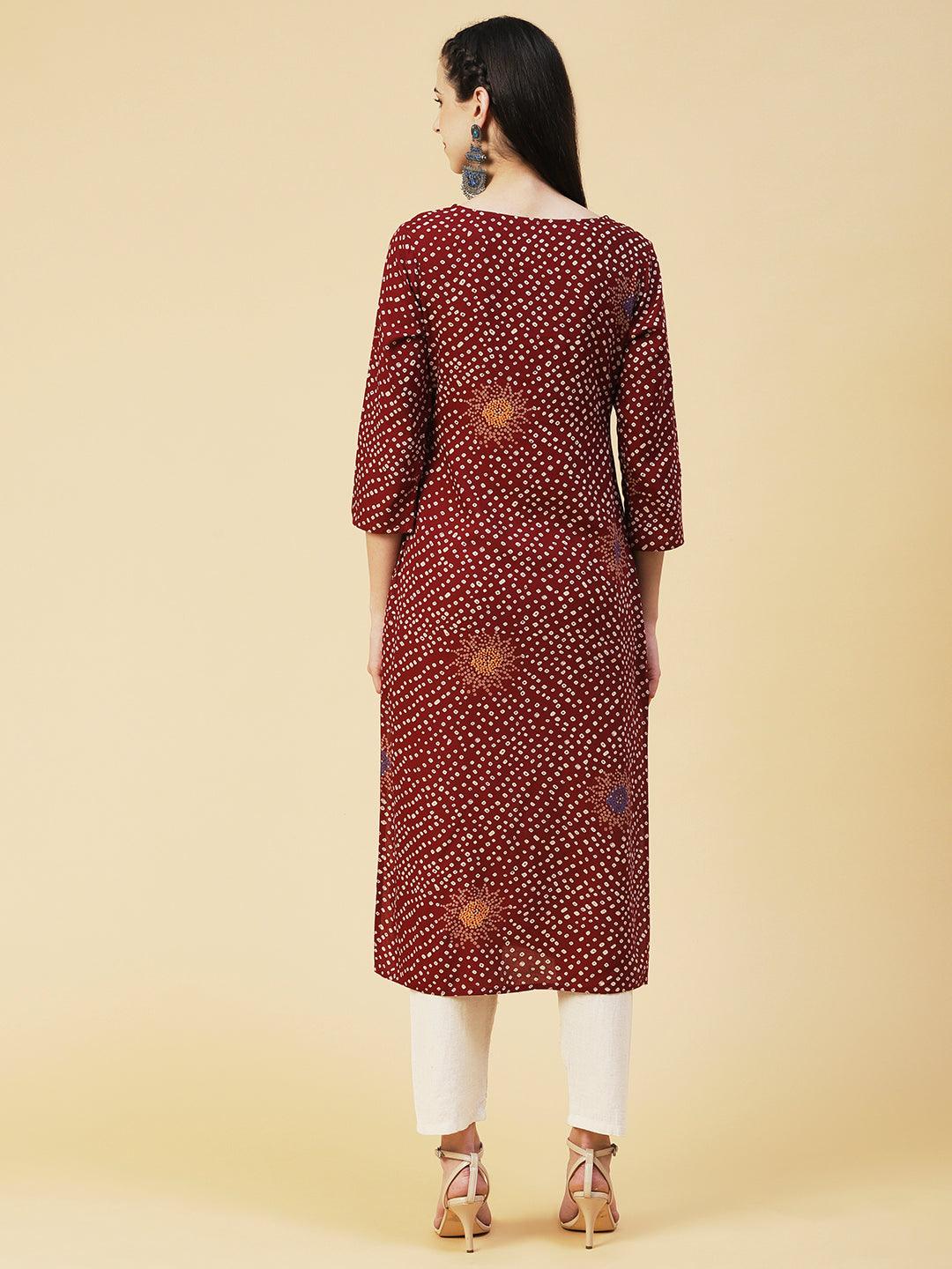 Bandhani Printed Straight Fit Kurta - Brown - Indiakreations