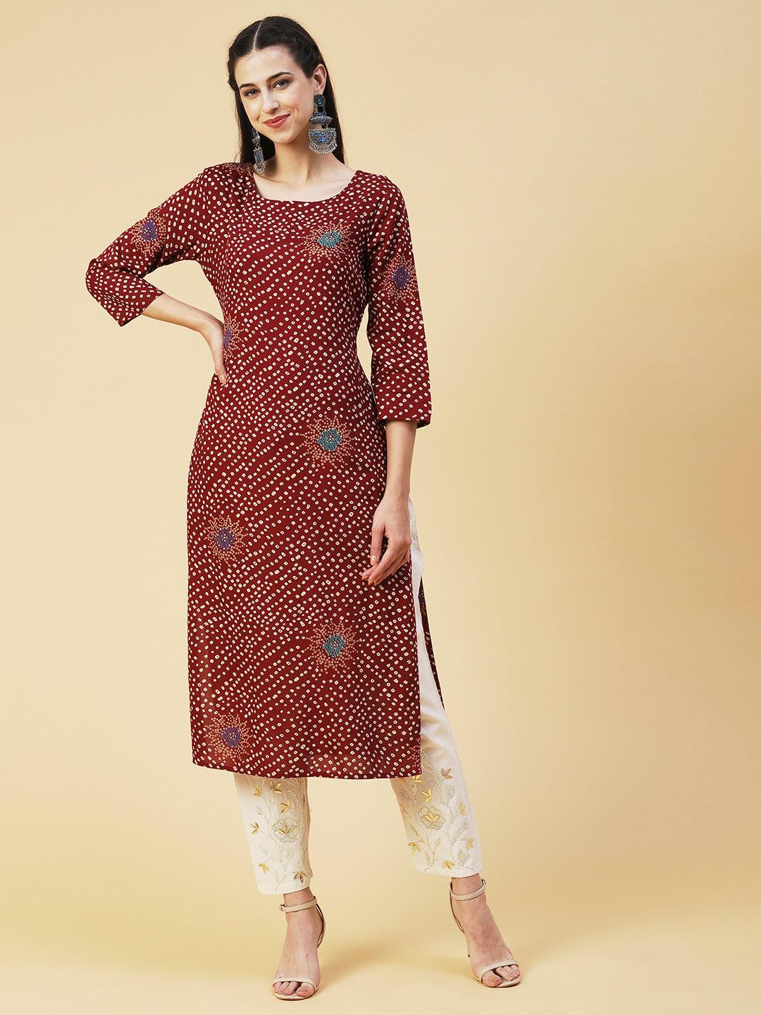 Bandhani Printed Straight Fit Kurta - Brown - Indiakreations