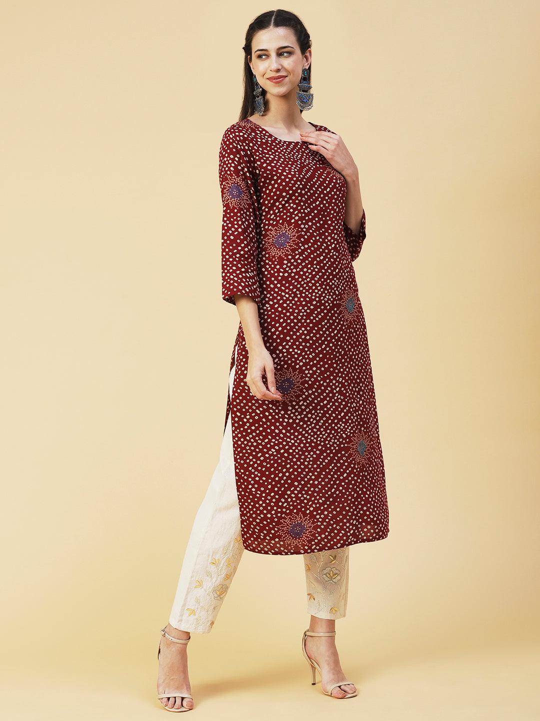 Bandhani Printed Straight Fit Kurta - Brown - Indiakreations