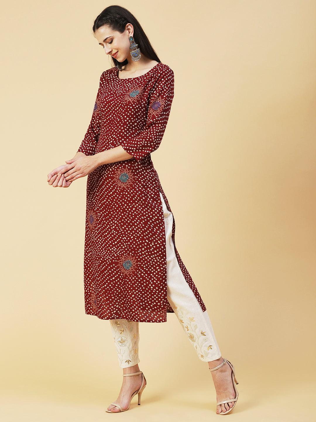 Bandhani Printed Straight Fit Kurta - Brown - Indiakreations