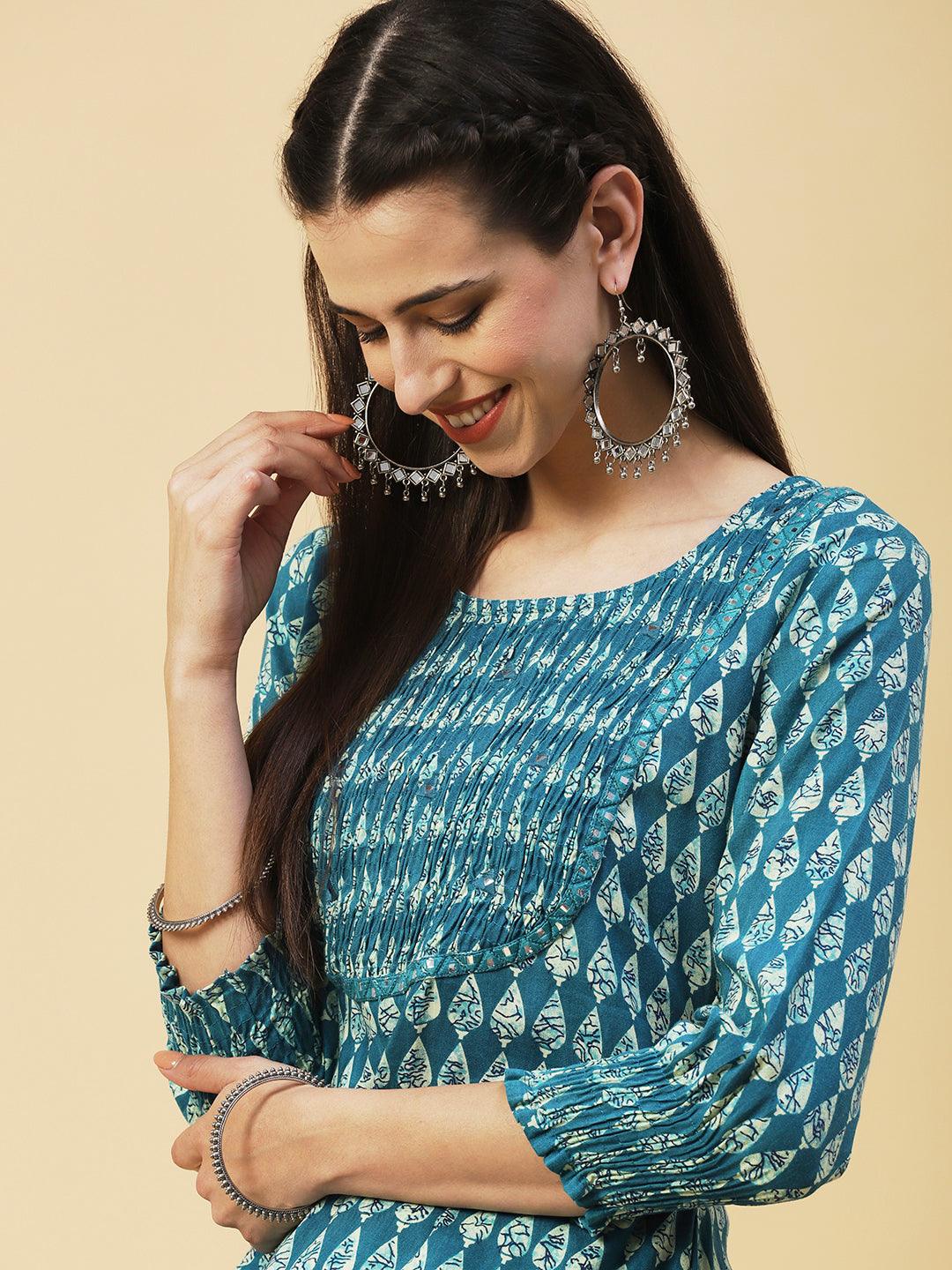 Abstract Mirror Embroidered Smocked Kurta - Teal - Indiakreations