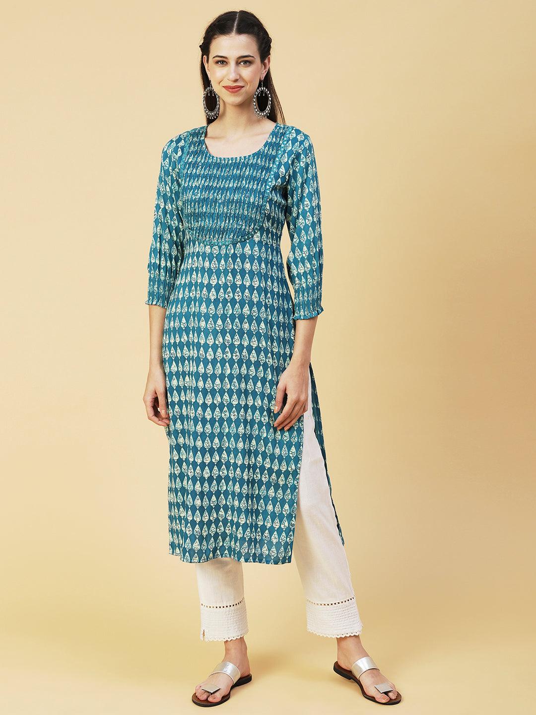 Abstract Mirror Embroidered Smocked Kurta - Teal - Indiakreations