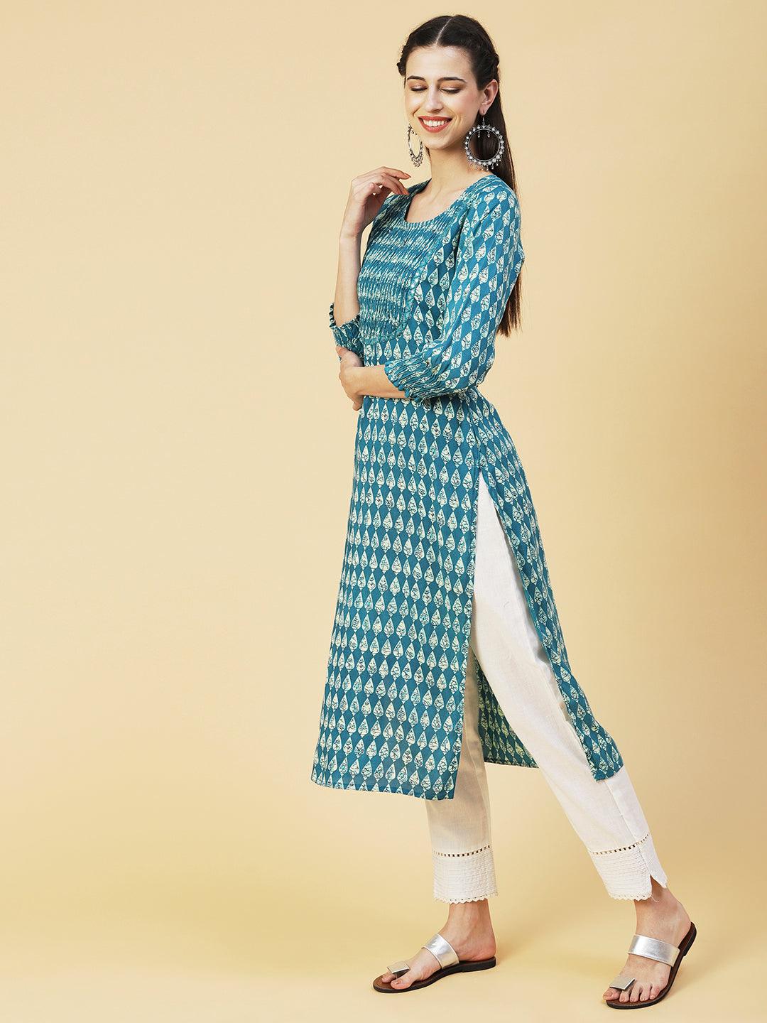 Abstract Mirror Embroidered Smocked Kurta - Teal - Indiakreations