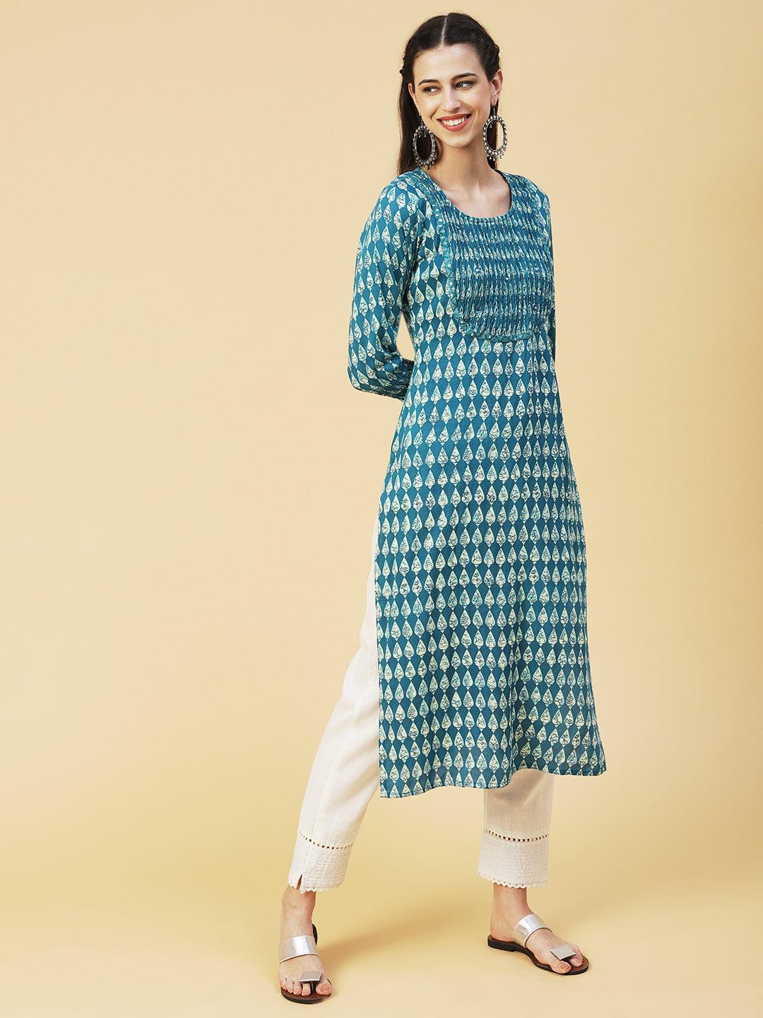 Abstract Mirror Embroidered Smocked Kurta - Teal - Indiakreations