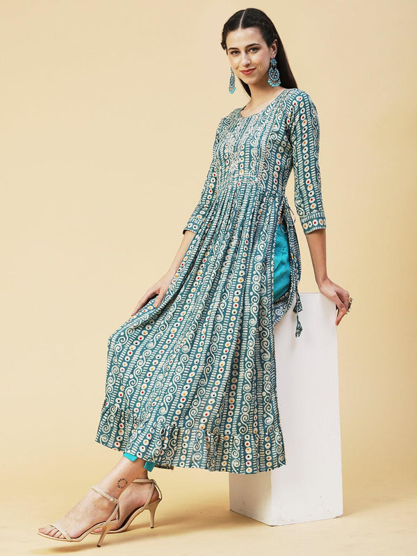 Ethnic Printed & Embroidered A-Line Kurta - Turquoise Blue - Indiakreations