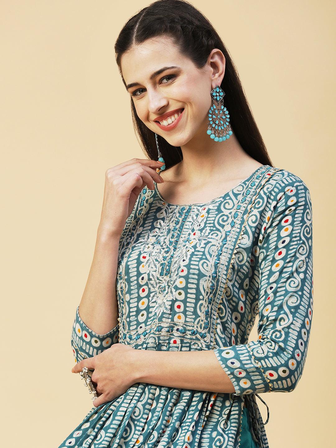 Ethnic Printed & Embroidered A-Line Kurta - Turquoise Blue - Indiakreations