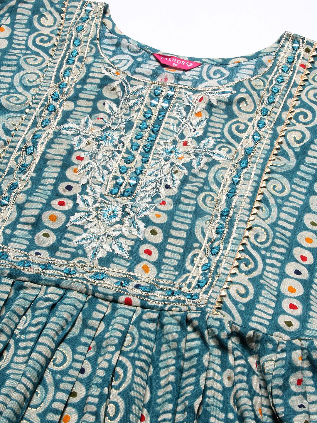 Ethnic Printed & Embroidered A-Line Kurta - Turquoise Blue - Indiakreations